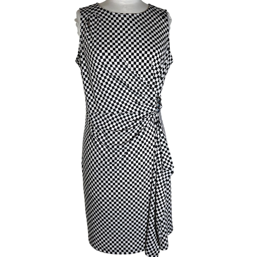 Michael Kors‎ Black White Checkered Ruched Side Buckle Sheath Dress Large